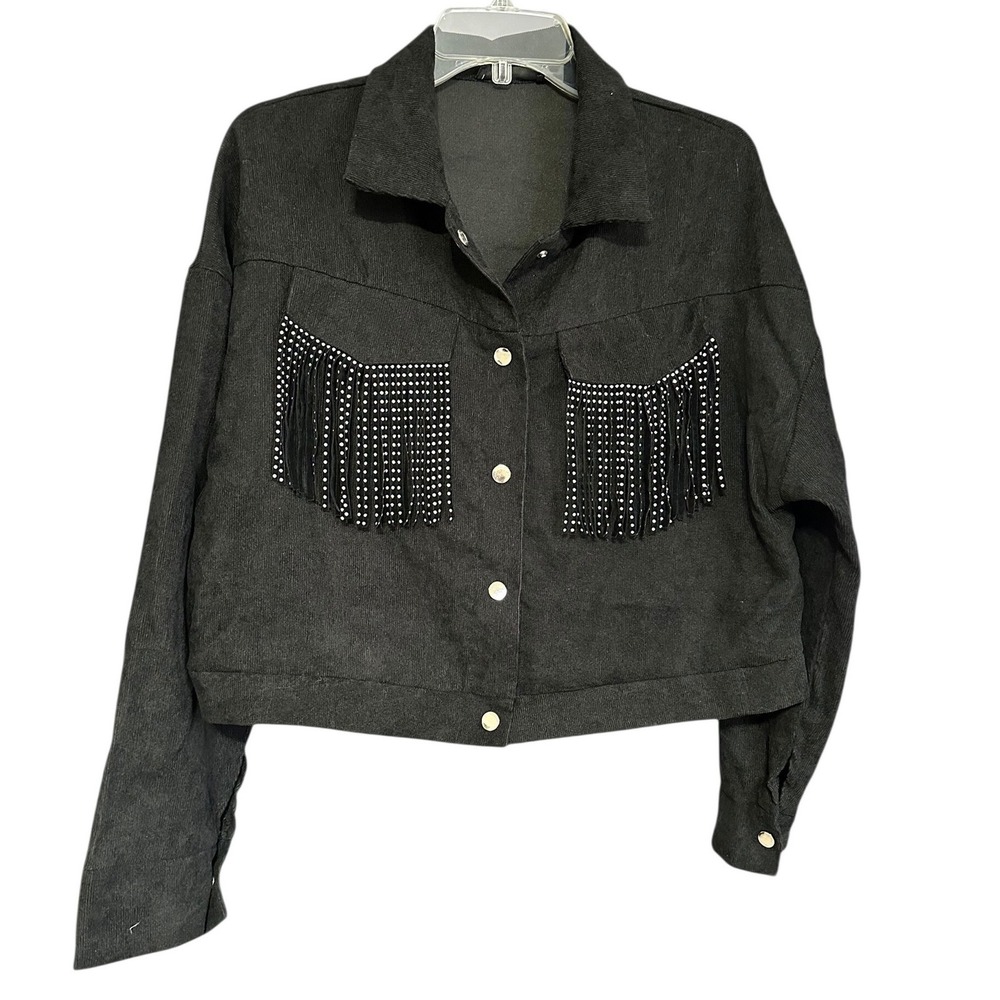 Shein Black Corduroy Cropped Jacket Silver Studded Fringe Western L Whimsigoth